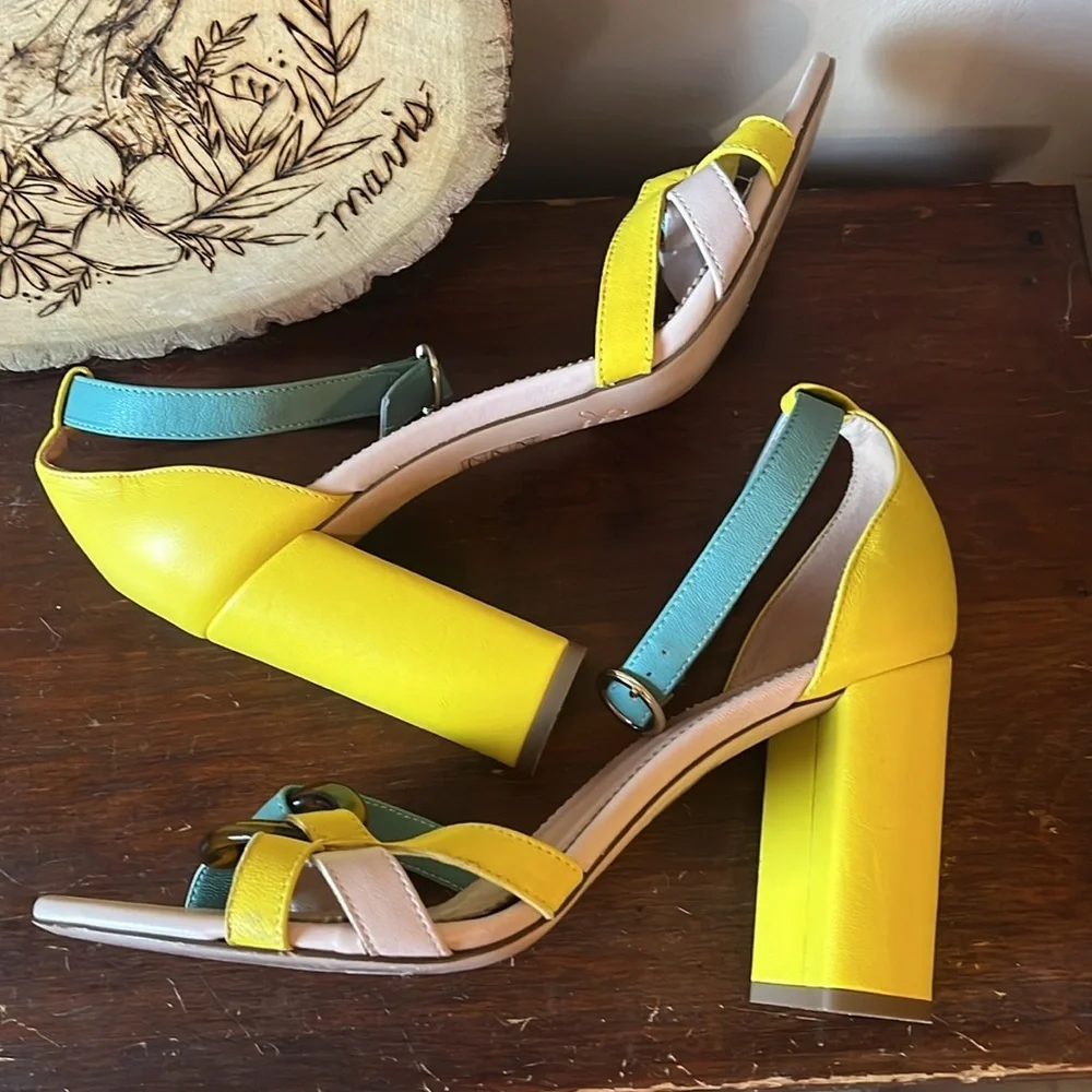 J. Crew Yellow/Blue Stella Heel in Colorblock Leather Size 8.5